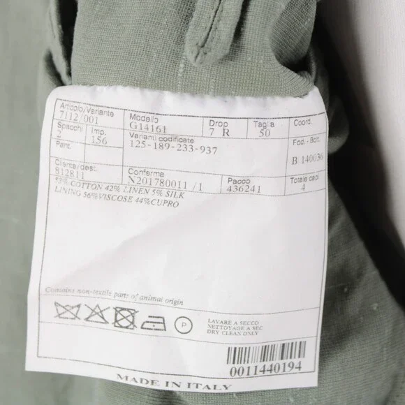 Belvest NWT Cotton / Linen / Silk Blend Sport Coat Size 50R (40R US) In Green